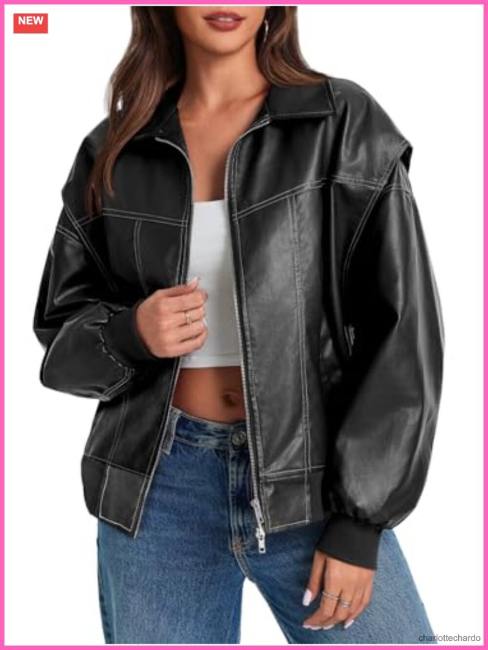 Oversized Faux Leather Bomber Jacket Zip Up Moto Biker Coat